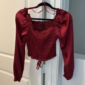 Japna Red Puff Sleeve Smocked Blouse